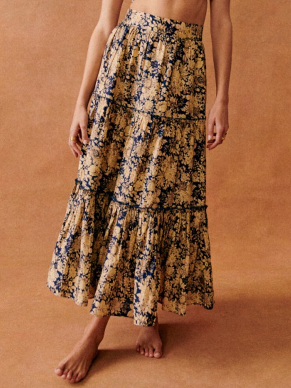 Sézane Sakura Floral Tiered Maxi Skirt Organic Cotton Country Flowers 40 US 8